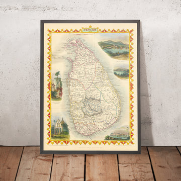 Old Map of Sri Lanka by Tallis & Rapkin, 1851: Ceylon, Colombo, Kandy, Temple of Buddha, Ruins of Dagora