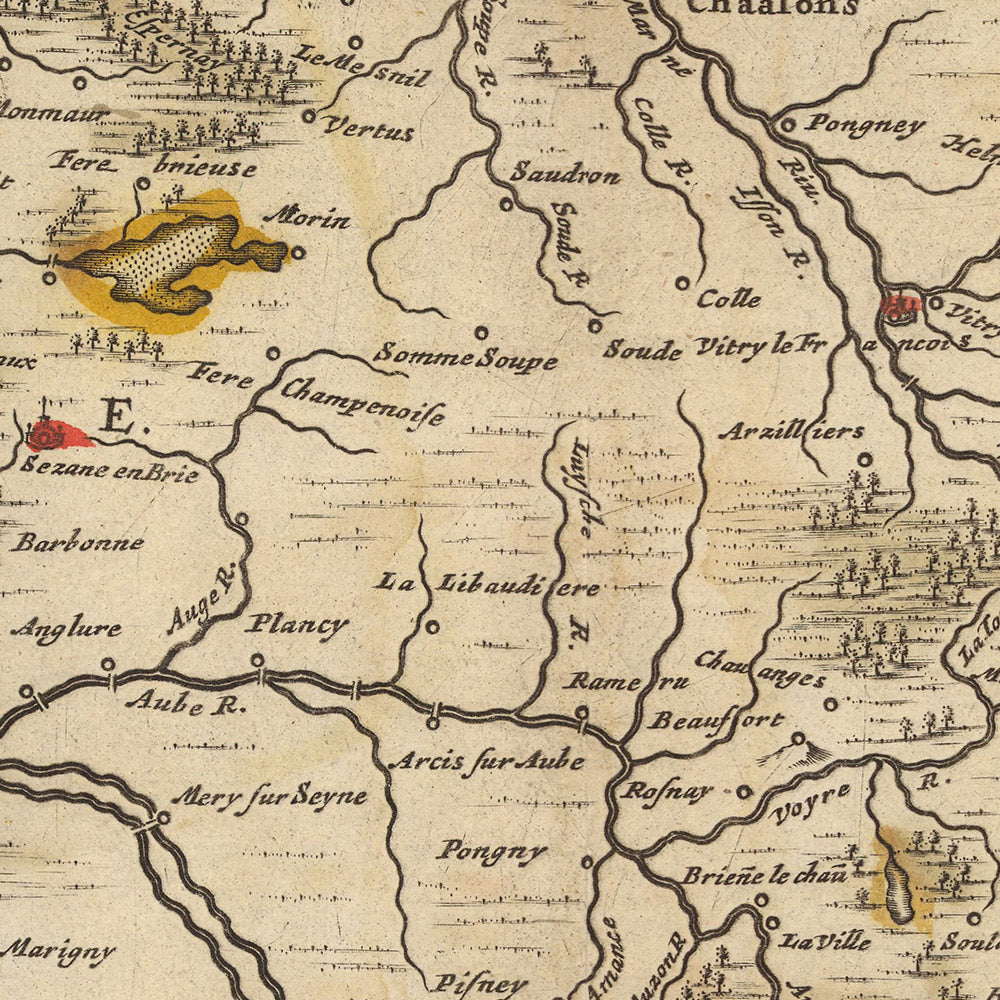 Old Map of Champagne and Brie, France by Nicolaes Visscher II, 1690: Reims, Dijon, Metz, Nancy, Orient Forest Park