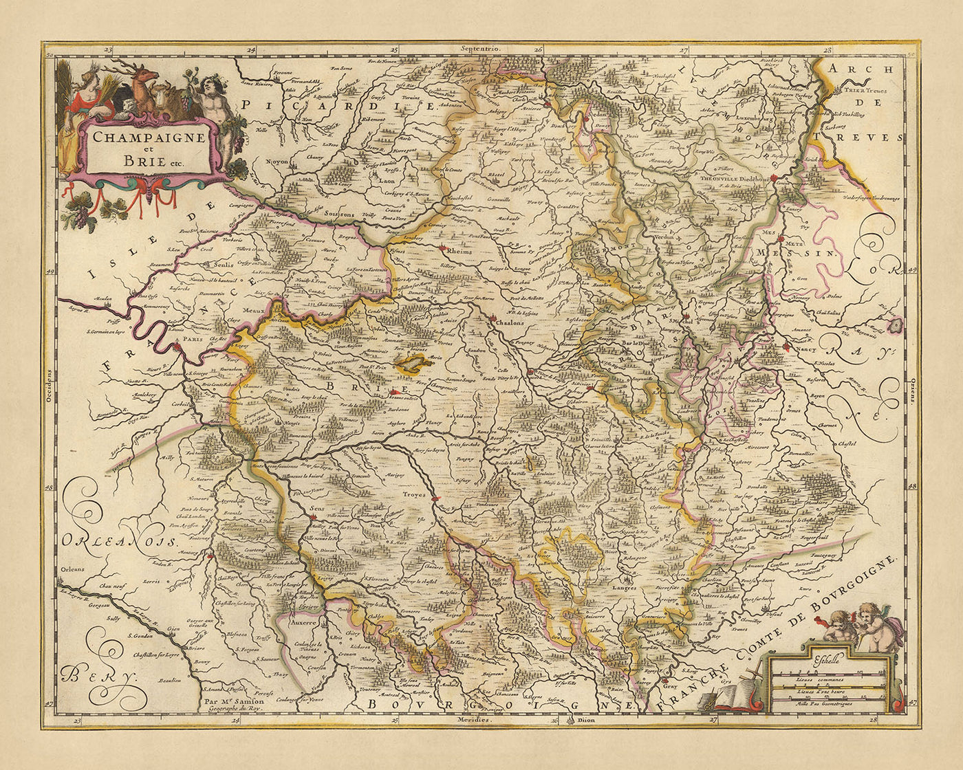 Mapa antiguo de Champaña y Brie de Nicolaes Visscher II, 1690: Reims, Dijon, Metz, Nancy, Parque Natural Regional del Bosque de Oriente
