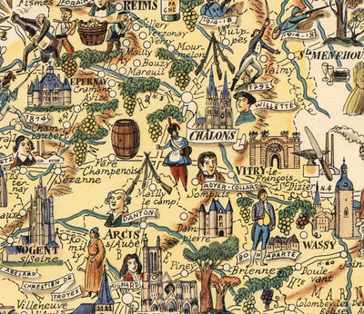Antiguo mapa pictórico de Champaña de Liozu, 1951: Reims, Troyes, río Marne, bosque de las Ardenas, bosque de Argonne.