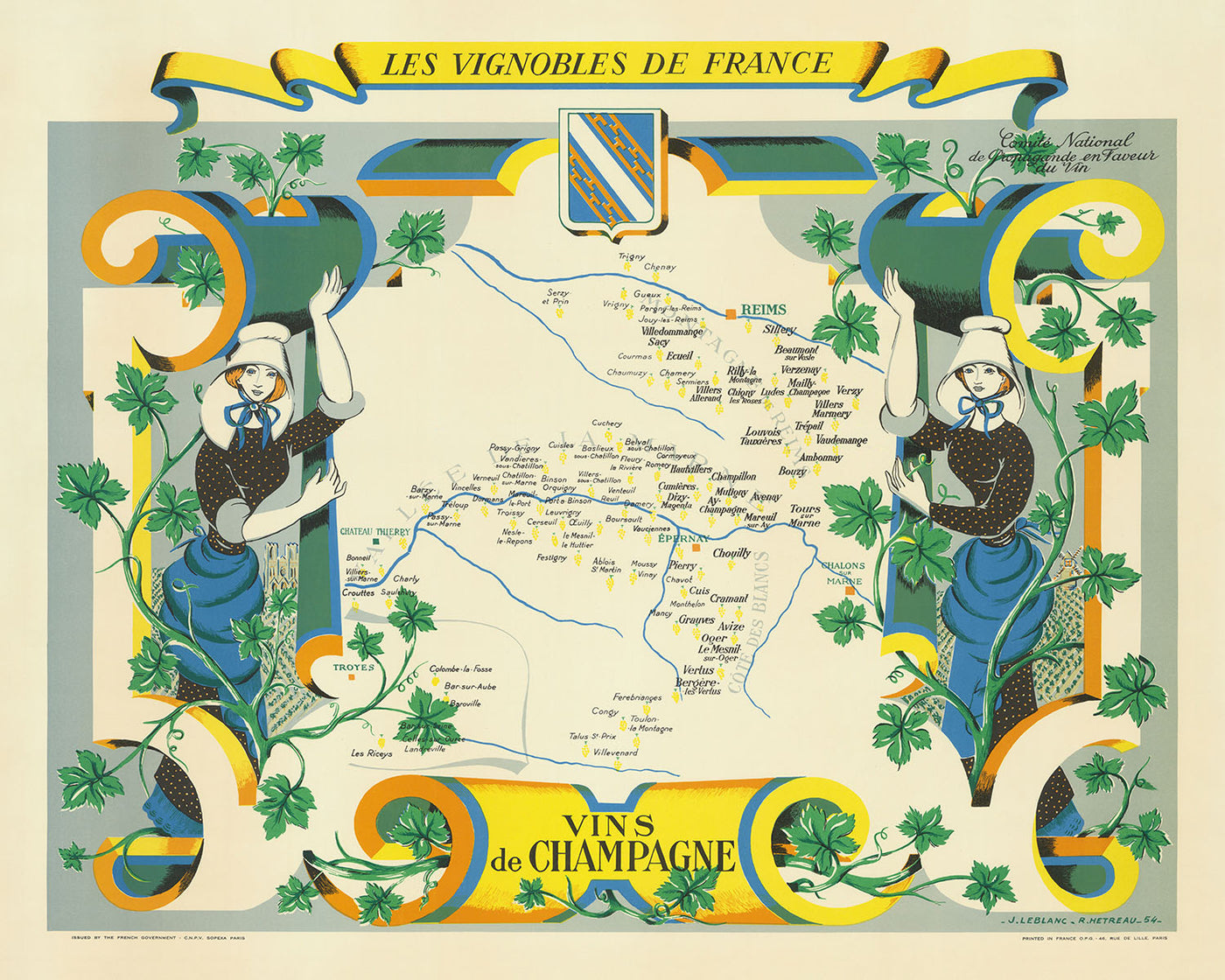 Carte ancienne de la Champagne par Hetreau, 1954 : Reims, Troyes, Epernay, Marne, vignobles