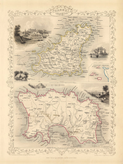 Old Map of Channel Islands (Jersey and Guernsey) by Tallis & Rapkin 1851: St Helier, St Peter Port, Gorey, Castle Cornet, Elizabeth Castle