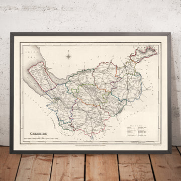 Mappa antica del Cheshire di Samuel Lewis, 1844: Warrington, Stockport, Chester, Macclesfield e Crewe 