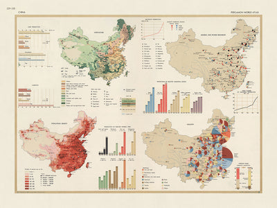 Antiguo mapa infográfico de China: agricultura, industria y comercio, 1967