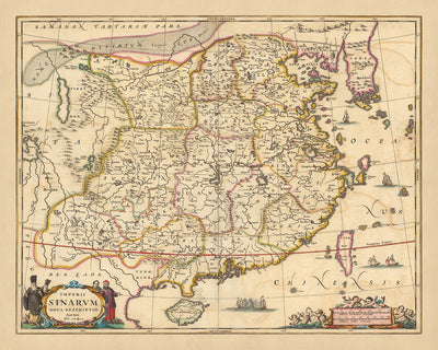 Antiguo mapa del Imperio chino de Visscher, 1690: este de China, sur de China, Taiwán, Hong Kong, Macao