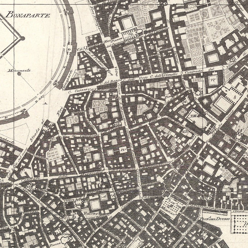 Mapa antiguo de Milán de Pinchetti, 1801: Foro Bonaparte, Ciudadela, Canal Naviglio, Piazza del Duomo, Piazza della Scala