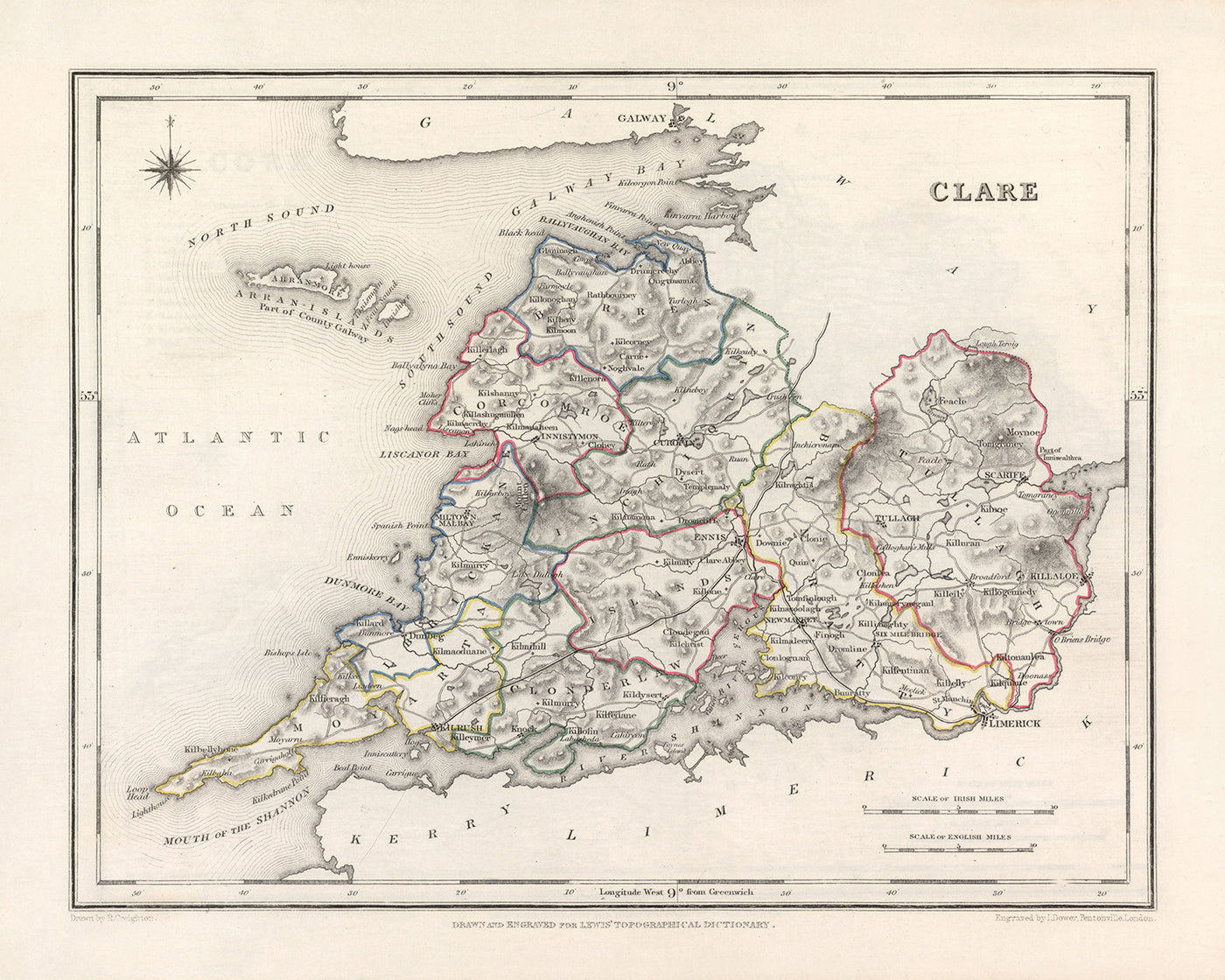 Old Map of County Clare by Samuel Lewis, 1844: Ennis, Kilrush, Shannon Estuary, Loop Head Peninsula, and Burren Landscape