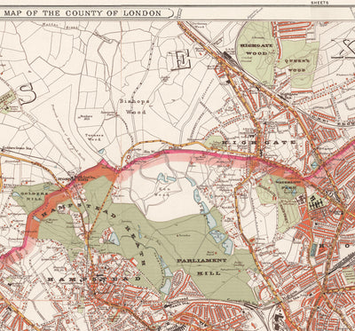 Mapa antiguo de Londres de Stanford, 1905: Palacio de Buckingham, San Pablo, Támesis, Casas del Parlamento, Hyde Park
