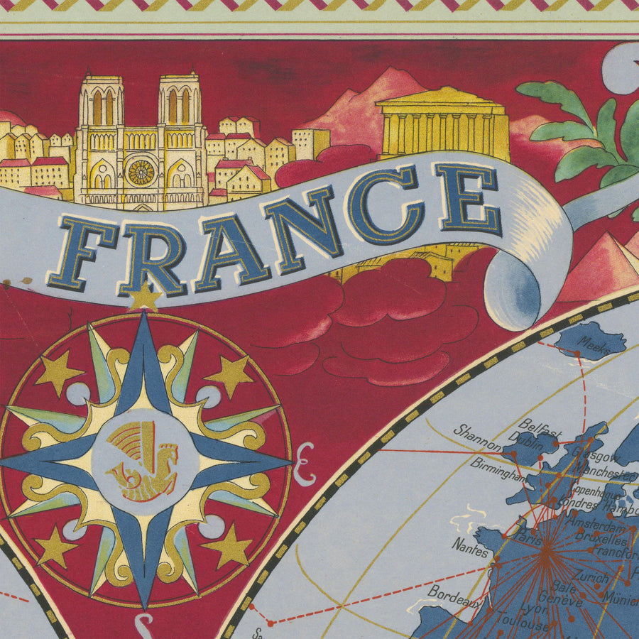 Mappa del mondo surrealista di Boucher, 1950: Rotte aeree di Air France, scene culturali, creature marine 