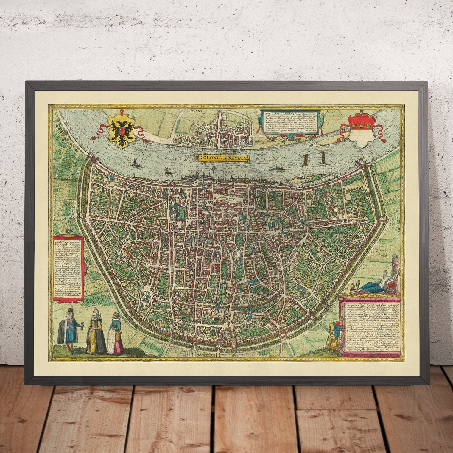 Color Rine Map Old Birdseye Map of Cologne by Braun, 1572: Cologne Cathedral, Rhine R ...