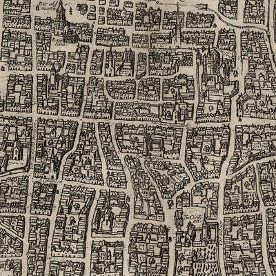 Old Monochrome Map of Cologne by Braun, 1575: Cathedral, Rathaus, Heumarkt, Rhine River, City Walls