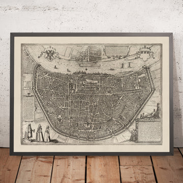 Mappa monocromatica antica di Colonia di Braun, 1575: Cattedrale, Rathaus, Heumarkt, fiume Reno, mura della città 