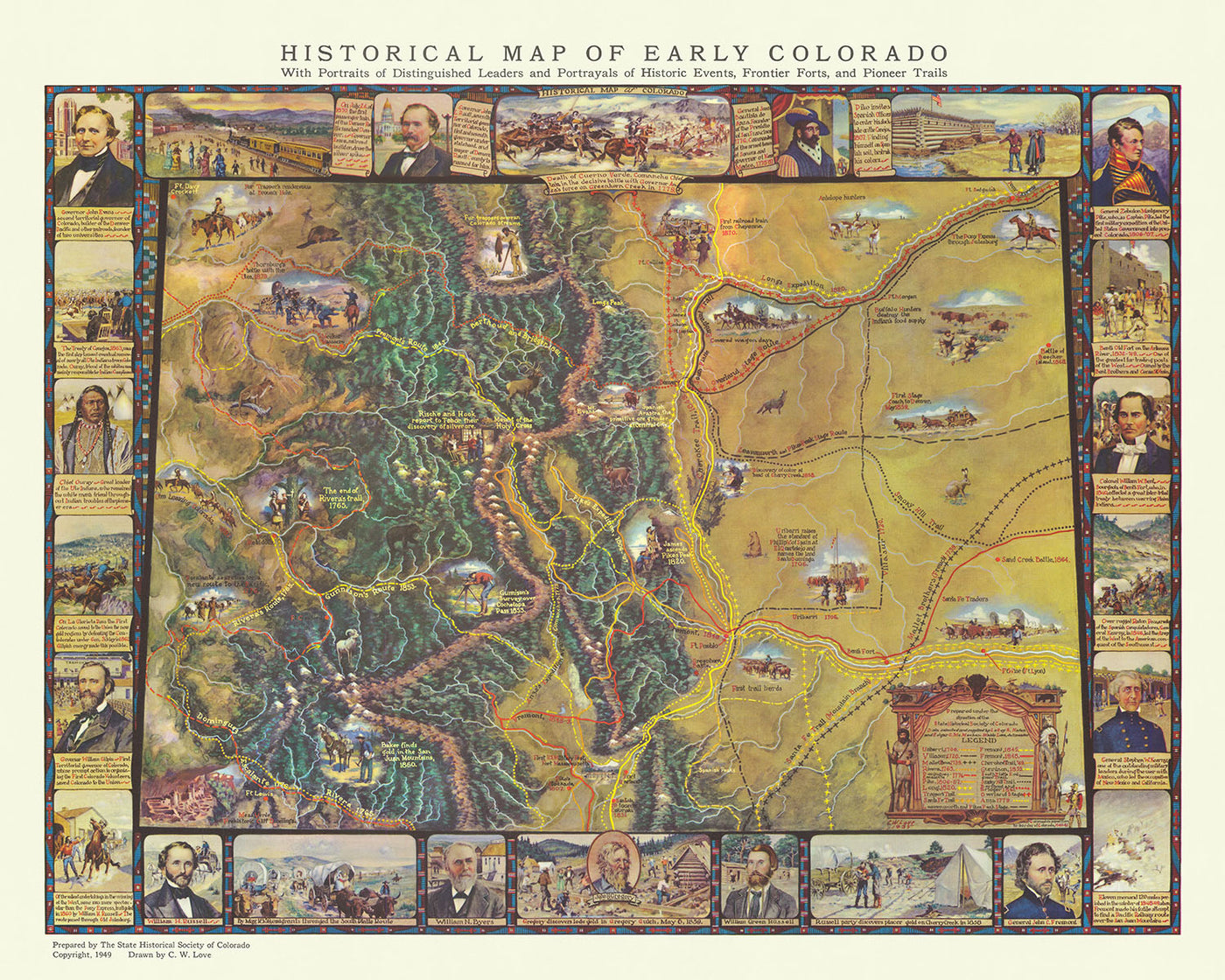 Mapa antiguo de la historia temprana de Colorado, 1949: senderos de exploración de De Anza, descubrimiento de oro, fuertes fronterizos, senderos pioneros, retratos de líderes distinguidos