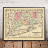 Old Map of Connecticut & Long Island by Colton, 1855: New Haven, Hartford, Bridgeport, Stamford, and New London