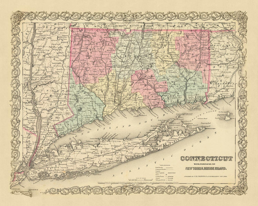 Mappa Antica del Connecticut e Long Island di Colton, 1855: New Haven, Hartford, Bridgeport, Stamford e New London 
