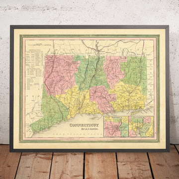 Antica mappa del Connecticut di HS Tanner, 1839: Hartford, New Haven, Litchfield, New London e Middletown 