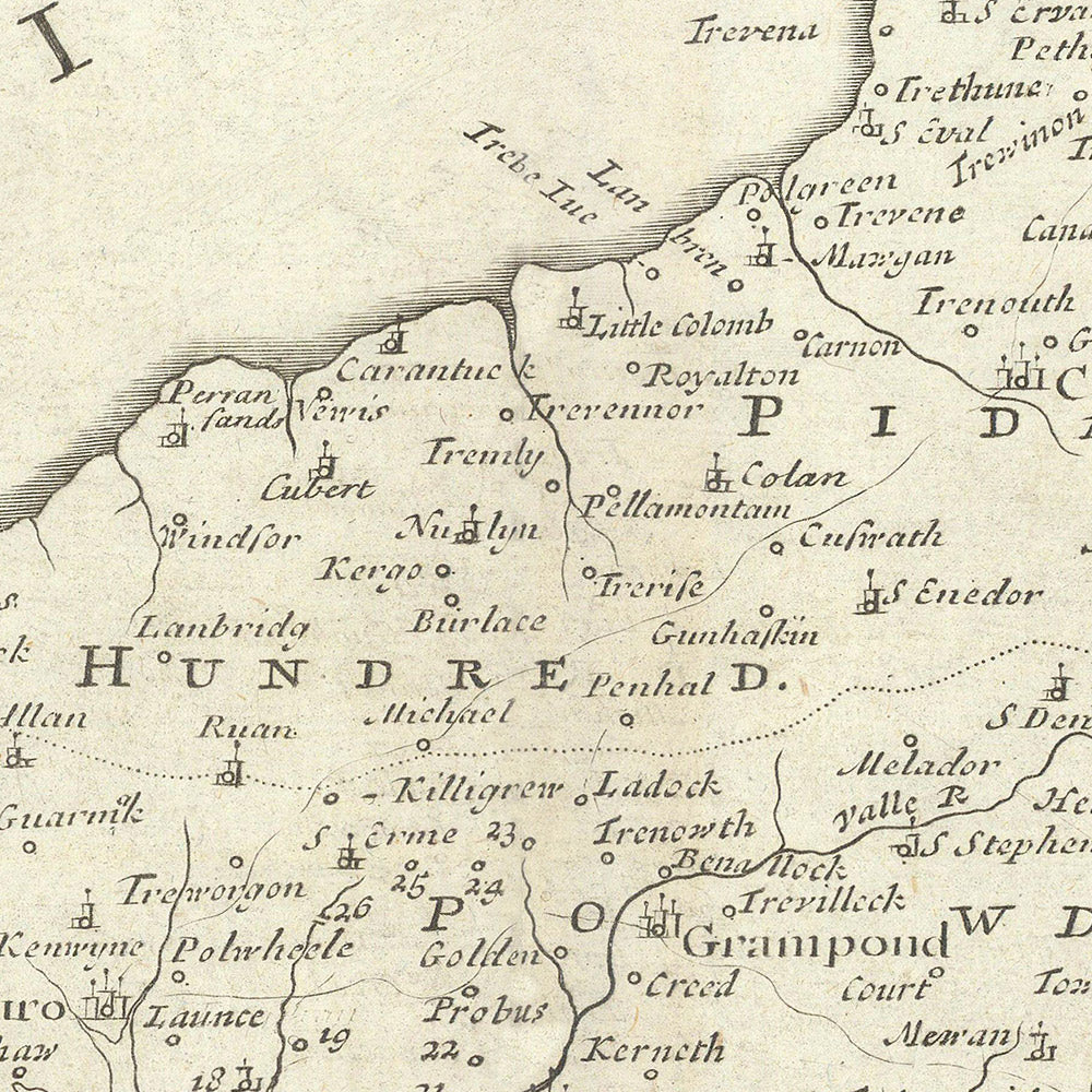 Old Map of Cornwall by Robert Morden, 1722: Truro, Falmouth, Penzance, Bodmin Moor, Land's End