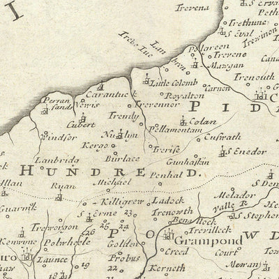 Antiguo mapa pictórico de Cornualles por Morden, 1722: Truro, Falmouth, Penzance, Bodmin Moor, Land's End
