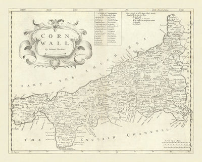Ancienne carte picturale de Cornwall par Morden, 1722 : Truro, Falmouth, Penzance, Bodmin Moor, Land's End