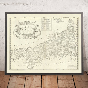 Mapa antiguo de Cornwall por Robert Morden, 1722: Truro, Falmouth, Penzance, Bodmin Moor, Land&