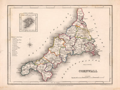 Old Map of Cornwall by Samuel Lewis, 1844: St Austell, Truro, Falmouth, Penzance, and Newquay