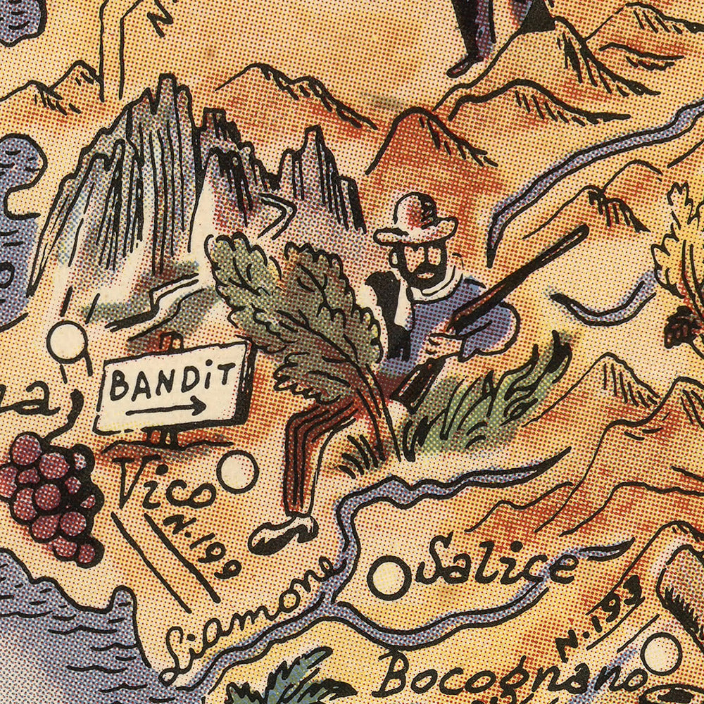 Antiguo mapa pictórico de Córcega de Liozu, 1951: Ajaccio, Bastia, Napoleón, montañas, rosa de los vientos