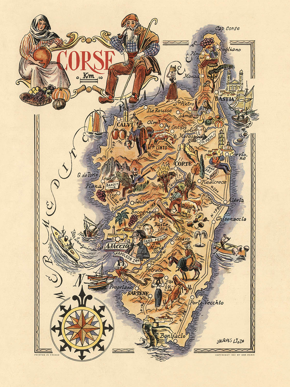 Antiguo mapa pictórico de Córcega de Liozu, 1951: Ajaccio, Bastia, Napoleón, montañas, rosa de los vientos