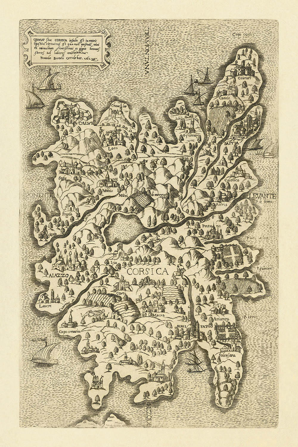Old Map of Corsica by Bertelli, 1562: Ancient Atlas, Bastia, Bonifacio, Elegant Sailboats, Cultivated Fields