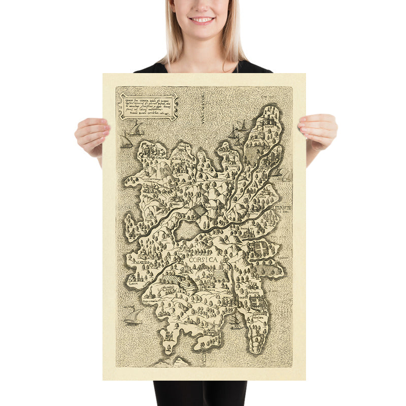 Old Map of Corsica by Bertelli, 1562: Ancient Atlas, Bastia, Bonifacio, Elegant Sailboats, Cultivated Fields