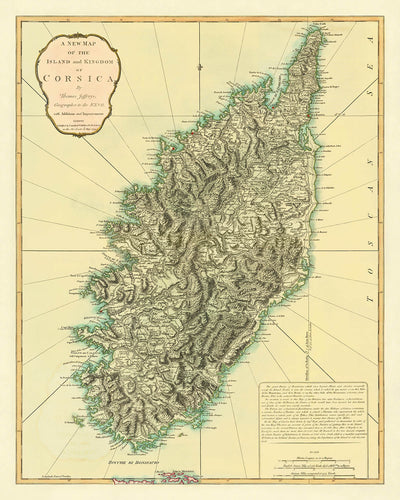 Old Map of Corsica by Laurie & Whittle, 1794: Topography, Roads, Rivers, Bays, Ajaccio, Porto-Vecchio, Bastia