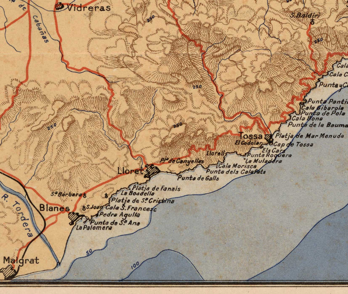 Mapa antiguo de la Costa Brava de Dolcet en 1950 - Girona, Figueres, Tossa de Mar, Lloret de Mar, Blanes