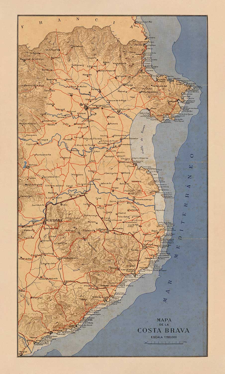 Alte Karte der Costa Brava von Dolcet aus dem Jahr 1950 – Girona, Figueres, Tossa de Mar, Lloret de Mar, Blanes