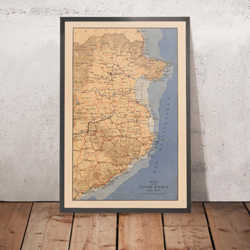 Alte Karte der Costa Brava von Dolcet im Jahr 1950 - Girona, Figueres, Tossa de Mar, Lloret de Mar, Blanes 