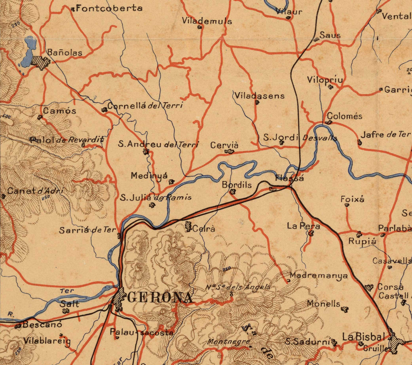 Old Map of Costa Brava by Dolcet in 1950 - Girona, Figueres, Tossa de Mar, Lloret de Mar, Blanes