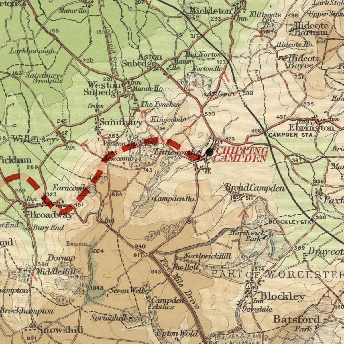 Alte Karte des Cotswold Way von Bartholomew und The Unique Maps Co. 