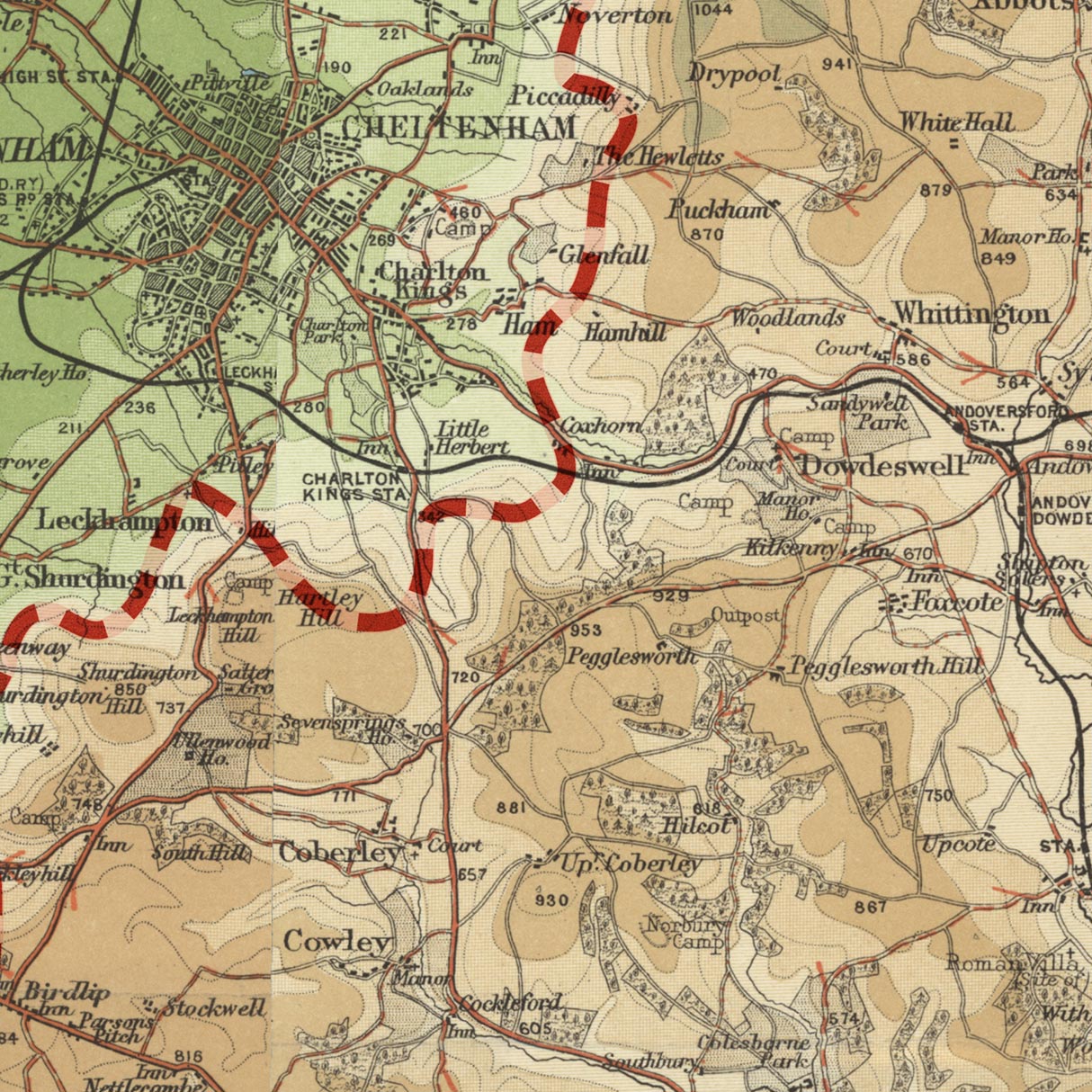 Alte Karte des Cotswold Way von Bartholomew und The Unique Maps Co. 