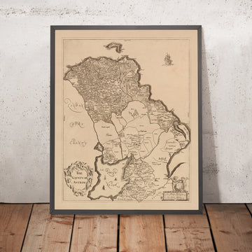 Mapa antiguo del Condado de Antrim por Petty, 1685: Belfast, Carrickfergus, Lisburn, Randalstown 