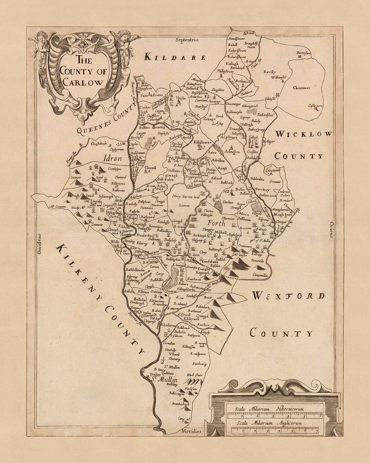 Alte Karte der Grafschaft Carlow: Petty, 1685: Carlow, Tullow, Leighlinbridge, Hacketstown, Borris