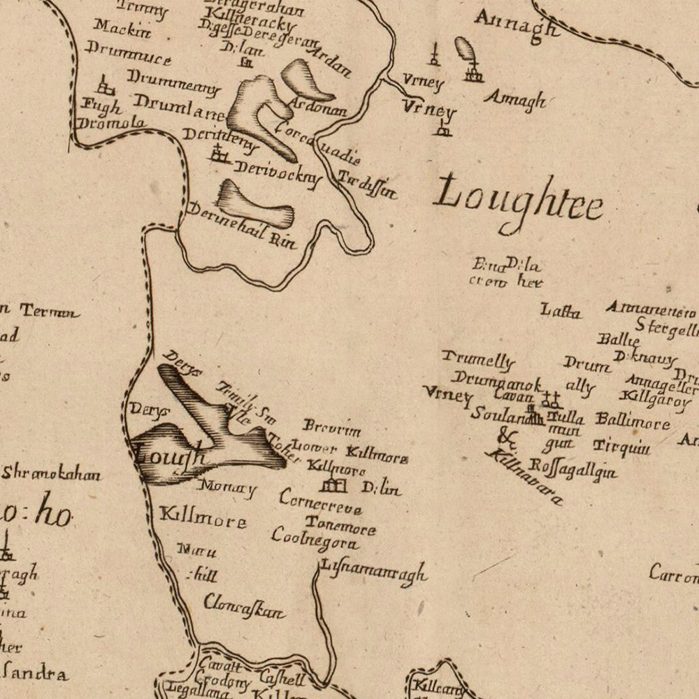Ancienne carte du comté de Cavan par Petty, 1685 : Cavan, Belturbet, Killeshandra, Virginie, Cootehill