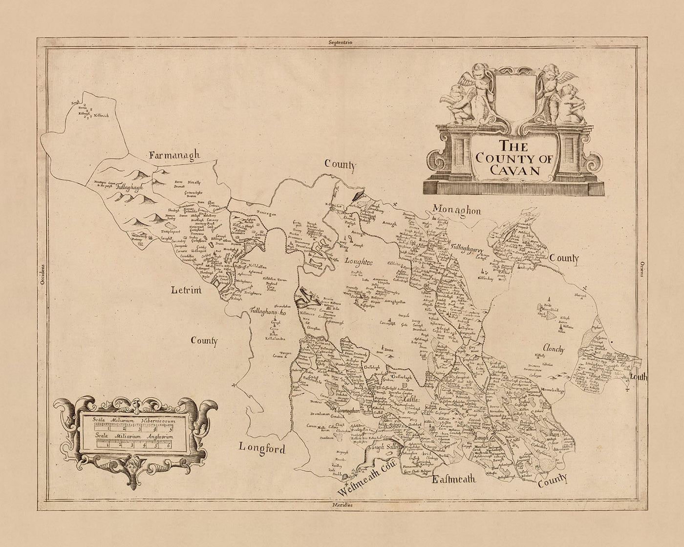 Mapa antiguo del condado de Cavan por Petty, 1685: Cavan, Belturbet, Killeshandra, Virginia, Cootehill