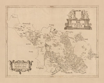 Mapa antiguo del condado de Cavan por Petty, 1685: Cavan, Belturbet, Killeshandra, Virginia, Cootehill