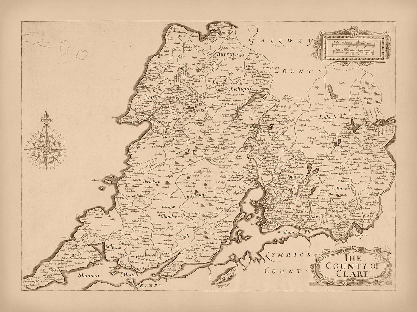 Ancienne carte du comté de Clare par Petty, 1685 : château de Bunratty, falaises de Moher, Burren, Loop Head, Kilrush