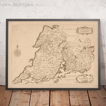 Mapa antiguo del condado de Clare por Petty, 1685: Castillo de Bunratty, Acantilados de Moher, The Burren, Loop Head, Kilrush