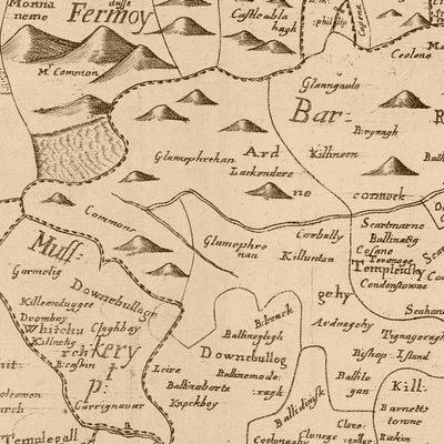 Mapa antiguo del condado de Cork por Petty, 1685: Castillo de Blarney, Charles Fort, Kinsale, Cork, Bantry