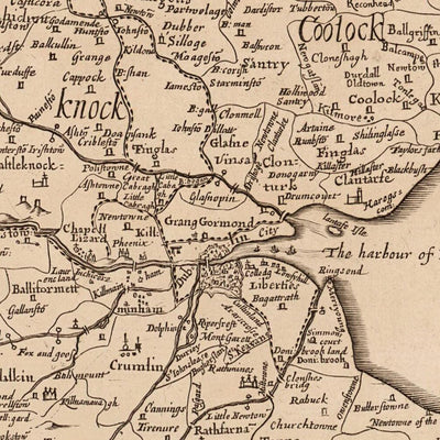 Alte Karte der Grafschaft Dublin von Petty, 1685: Dublin, Swords, Malahide, Phoenix Park, St. Stephen's Green