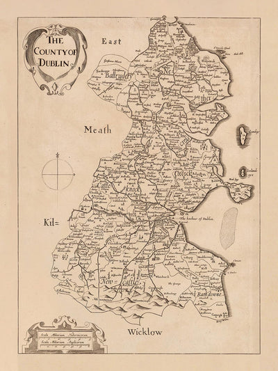 Alte Karte der Grafschaft Dublin von Petty, 1685: Dublin, Swords, Malahide, Phoenix Park, St. Stephen's Green