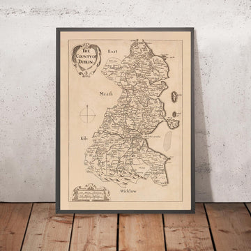 Antigua mapa del condado de Dublín por Petty, 1685: Dublín, Swords, Malahide, Skerries, Blackrock, Clondalkin 