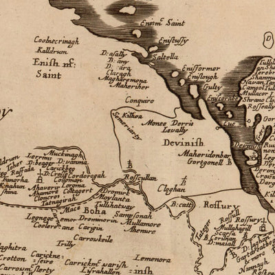 Mapa antiguo del condado de Fermanagh por Petty, 1685: Enniskillen, Castle Coole, Crom Estate, Florence Court, Lough Erne