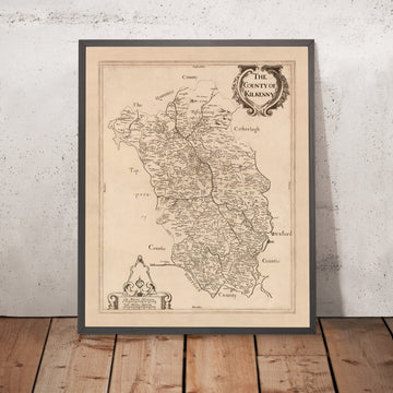 Mapa antiguo del condado de Kilkenny por Petty, 1685: Kilkenny, Callan, Thomastown, Jerpoint Abbey, Black Castle