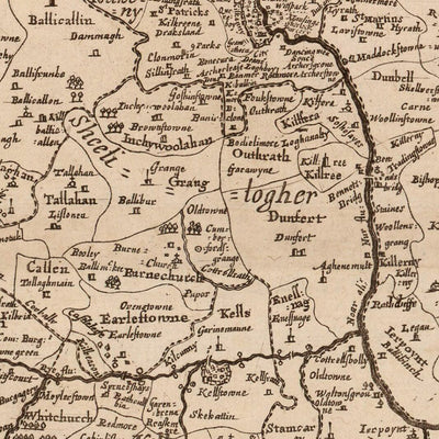 Mapa antiguo del condado de Kilkenny por Petty, 1685: Kilkenny, Callan, Thomastown, Jerpoint Abbey, Black Castle